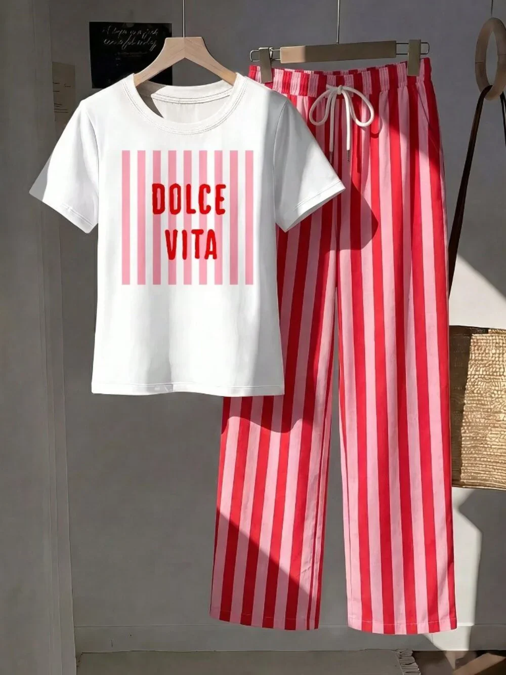Multicolor Casual Women's Short Sleeve T-Shirt And Striped Pants Set